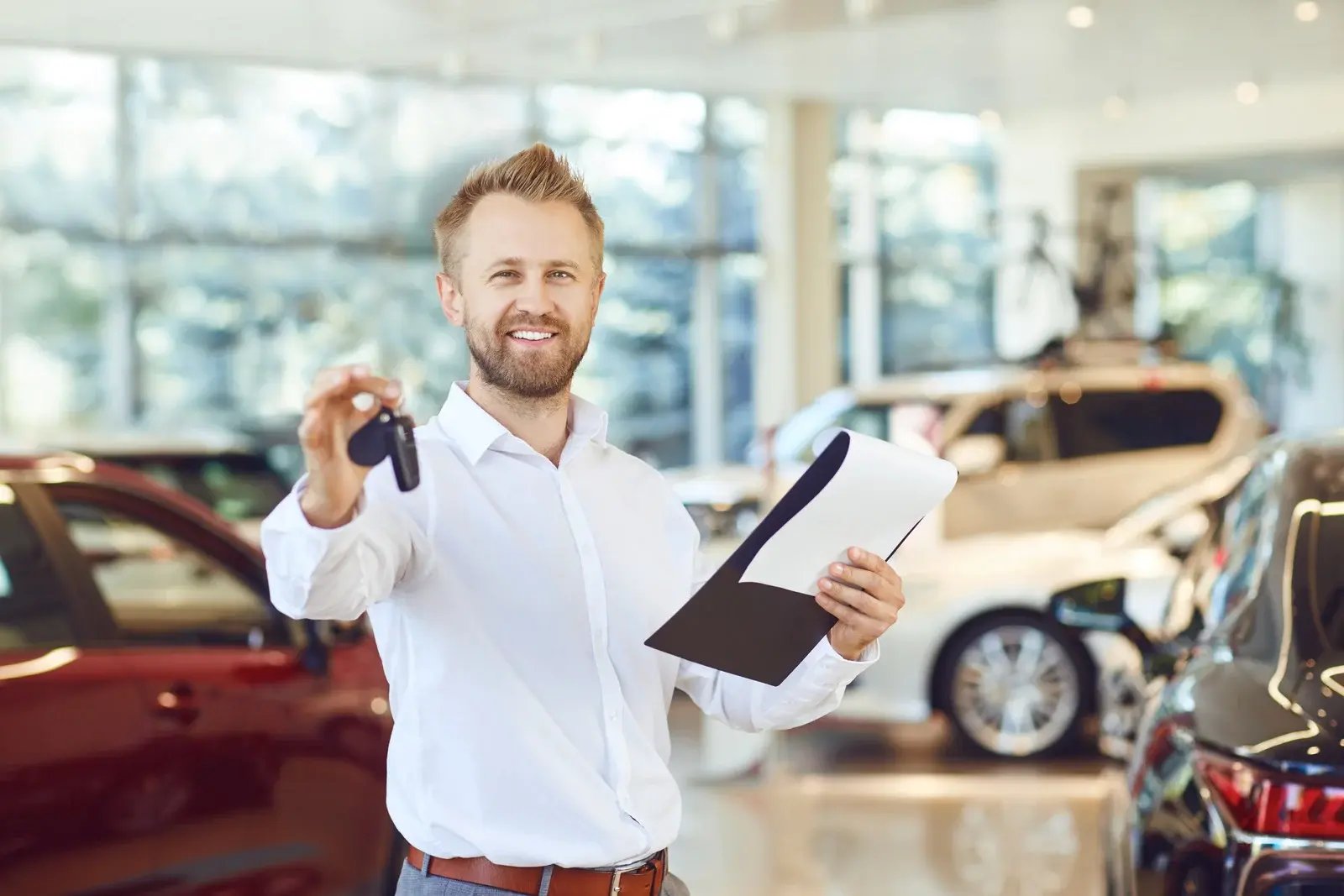 image of a car dealer sharing the key and explaining the motor trade occupations