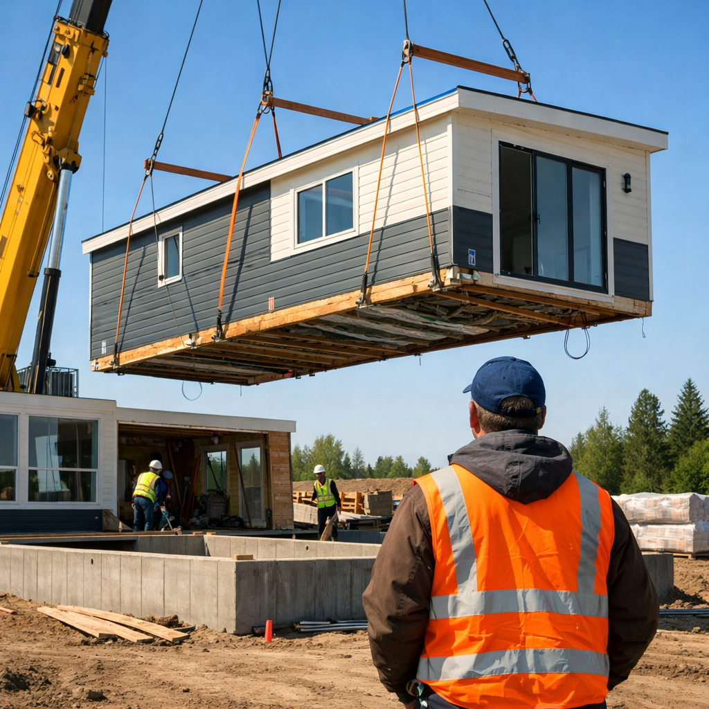 Modular home unit being lifted into place by a crane during a self-build project, with construction workers overseeing installation on site.