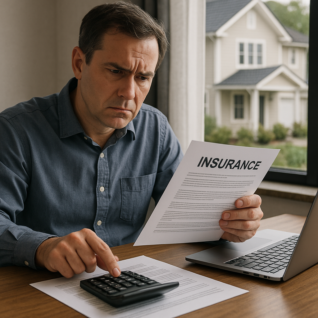 A business owner reviews insurance documents and calculates coverage costs, highlighting concerns about being underinsured and the importance of adequate Motor Trade Insurance protection.