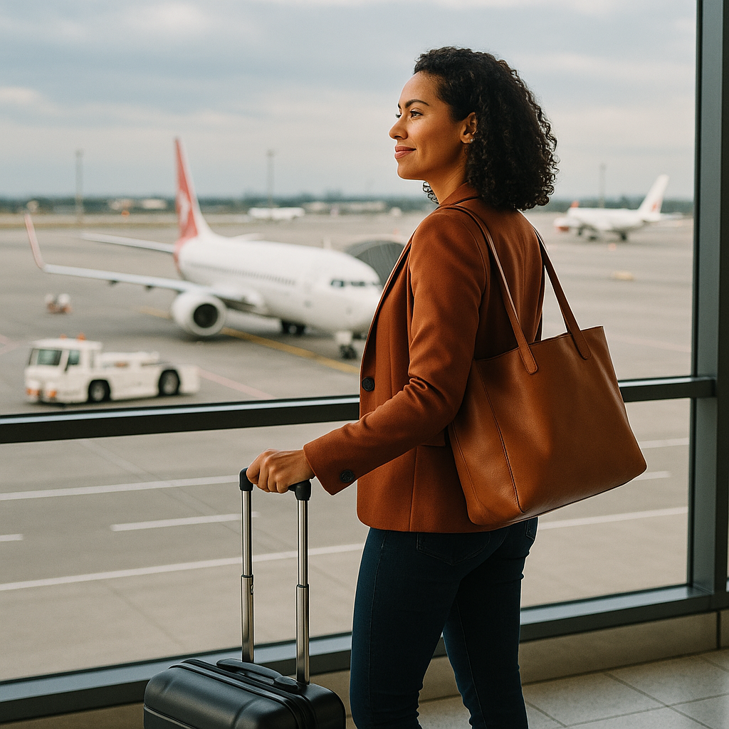 A traveller standing at an airport with luggage, ready for a trip, highlighting the importance of comprehensive travel insurance for a safe and worry-free journey.
