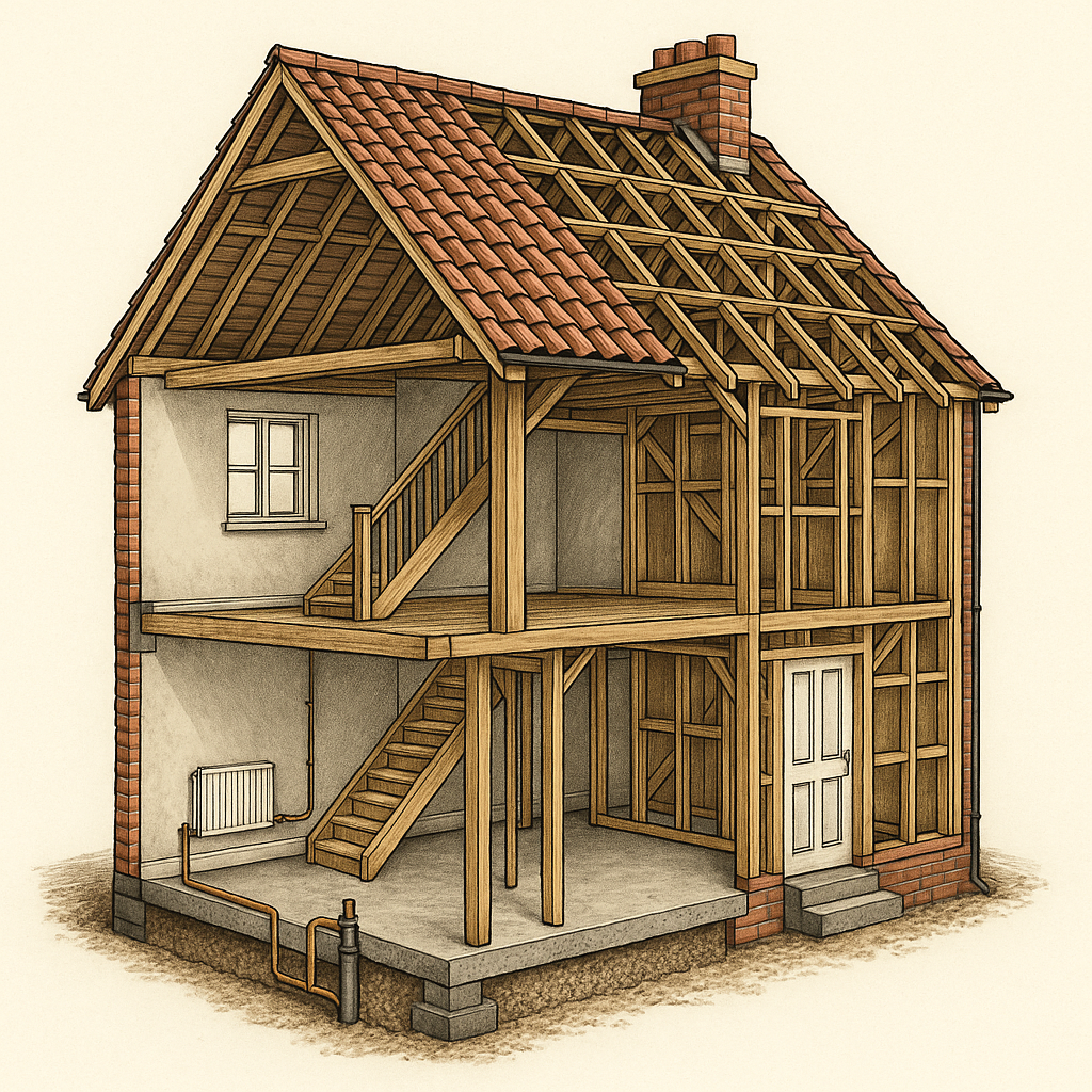 Detailed cutaway illustration of a house revealing its structural timber frame, roof trusses, foundations, and internal layout, representing the key elements that determine a home's rebuild cost.