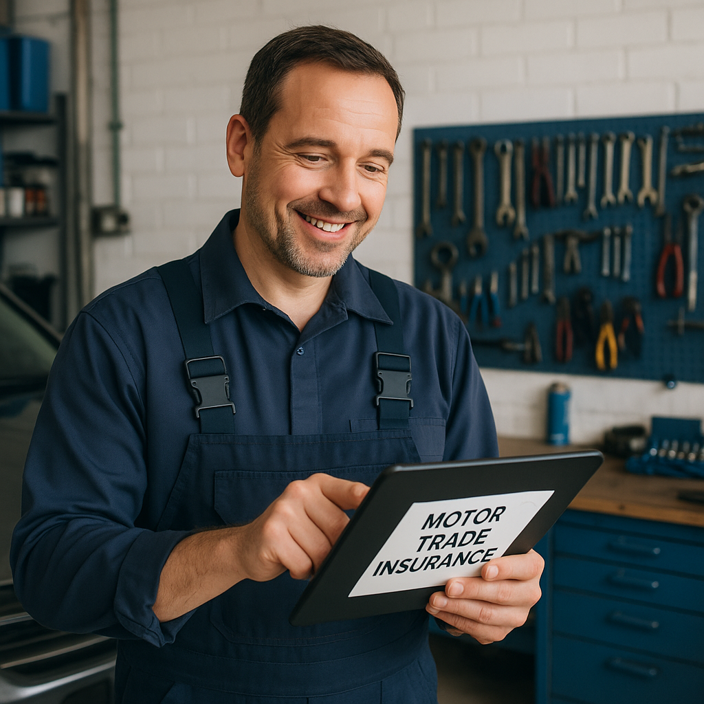 Motor trader reviewing a motor trade insurance quote on a tablet in a vehicle workshop.