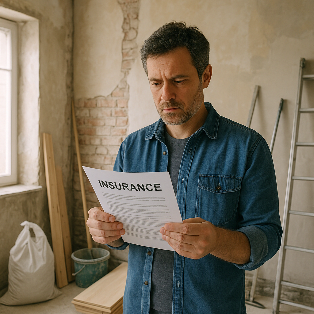 Homeowner carefully reviewing an insurance document inside a property undergoing renovation work, with exposed brick walls and a ladder visible in the background.