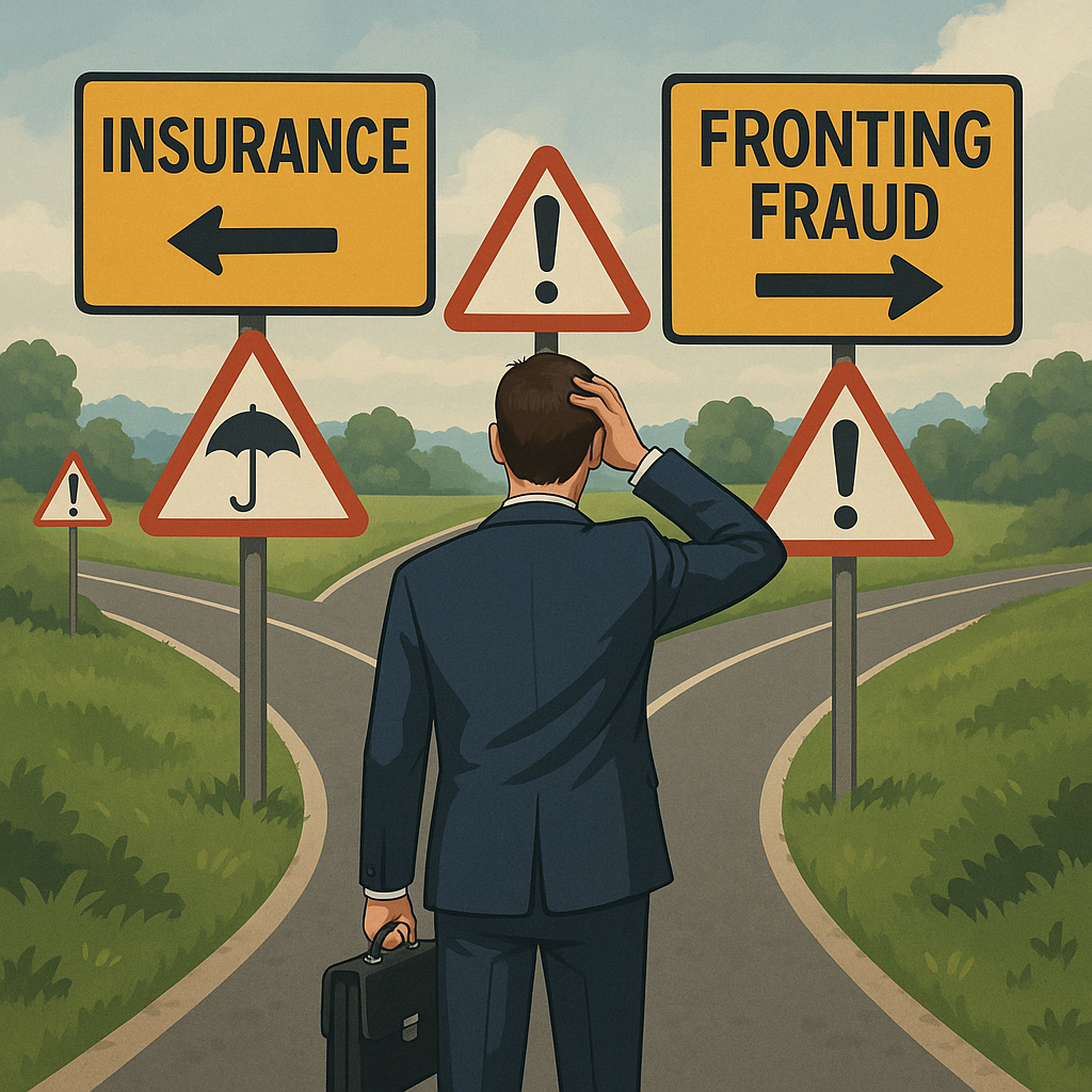 A motor trader stands at a crossroads between legitimate insurance and Motor Trade Fronting, highlighting the risks and consequences of fraudulent insurance practices.