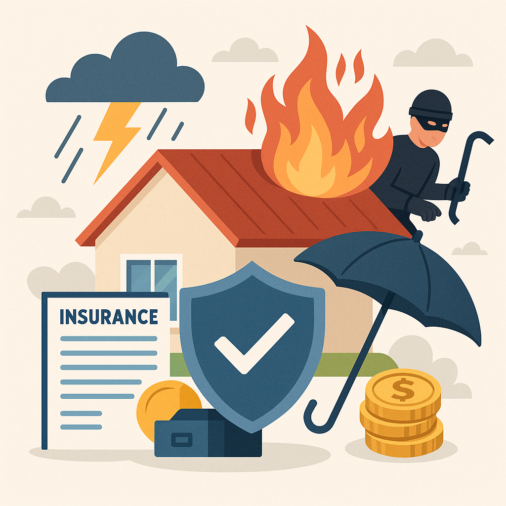 Professional illustration showing common insured perils including fire, theft, and storm damage alongside an insurance policy document and a protective shied symbol.