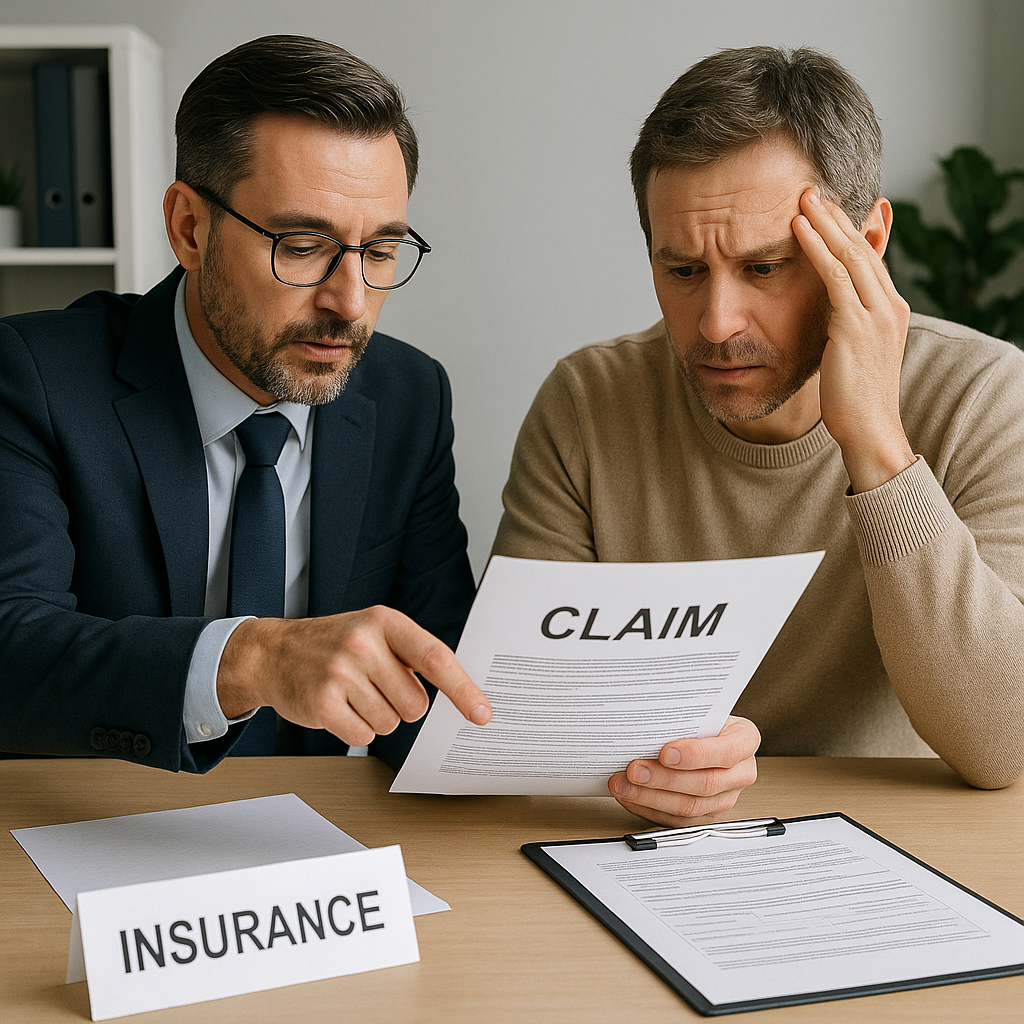 Insurance adviser explaining rejected insurance claims to a concerned policyholder reviewing claim documents.