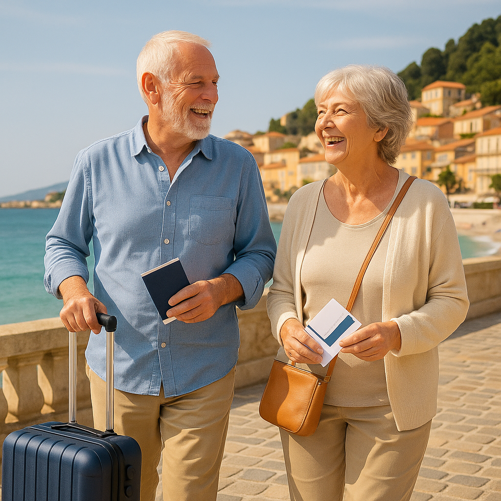 Senior couple enjoying a holiday abroad with passports and travel documents, highlighting senior travel insurance for overseas trips.