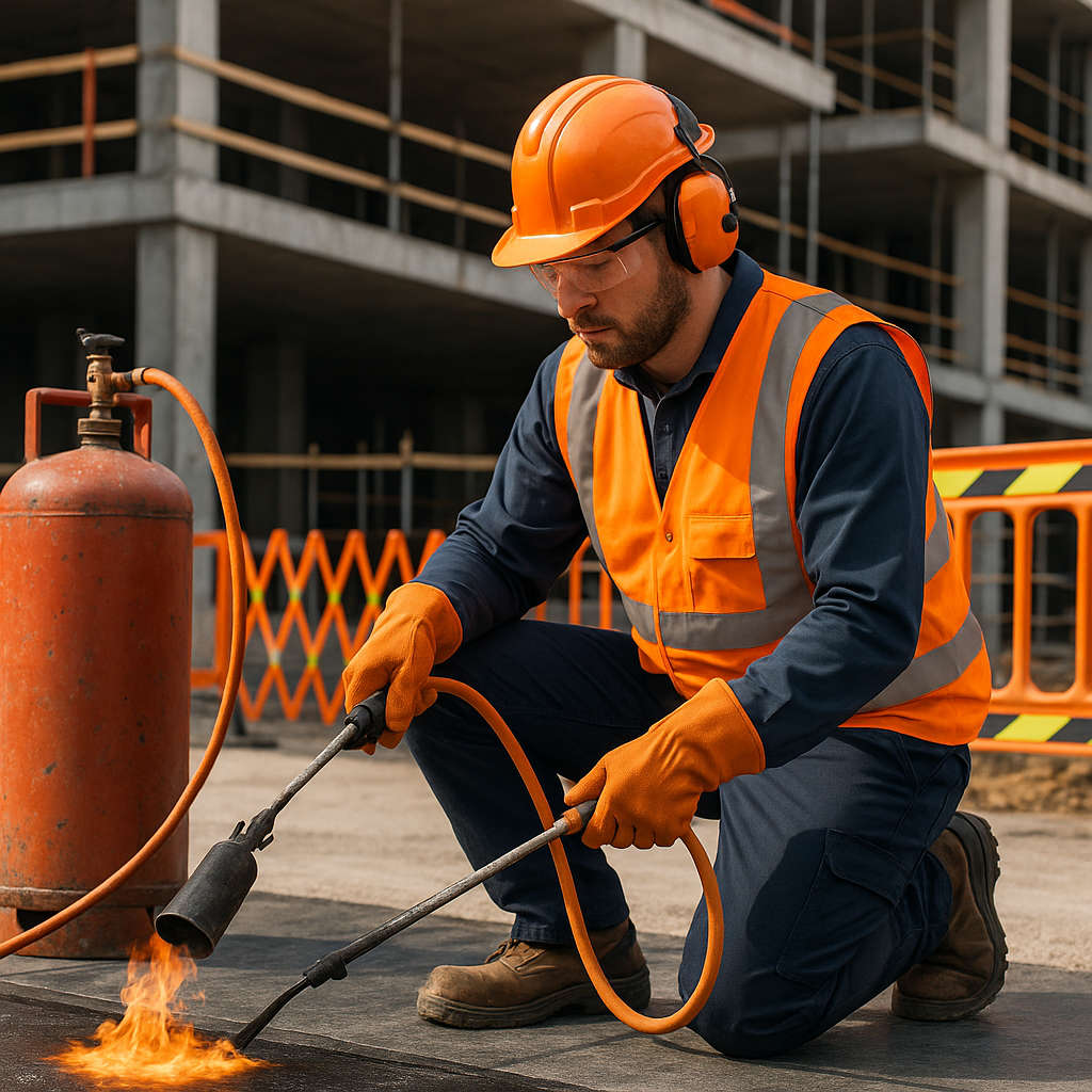 A contractor is performing hot works using a gas torch on a construction site, highlighting the need for heat work liability insurance.