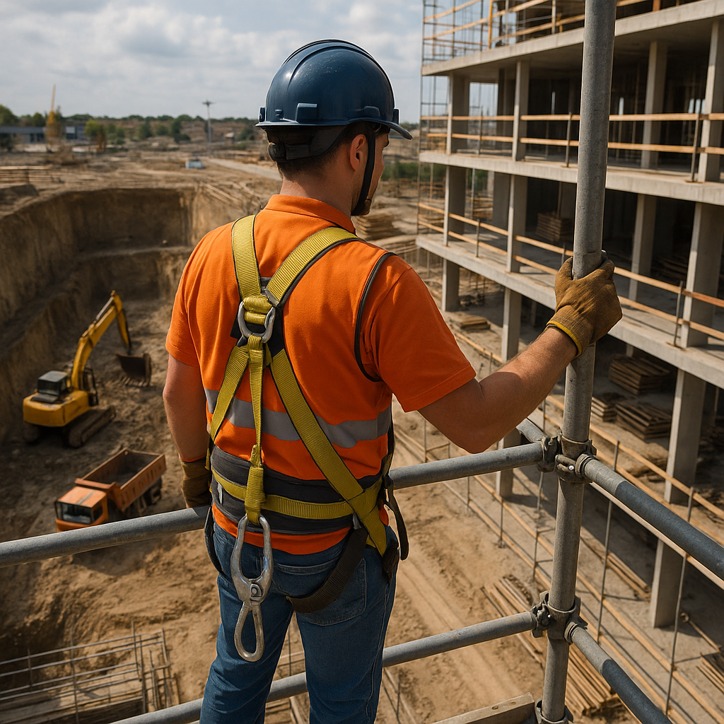 Construction worker wearing safety harness on scaffolding at a building site where contractors insurance height limits may apply.