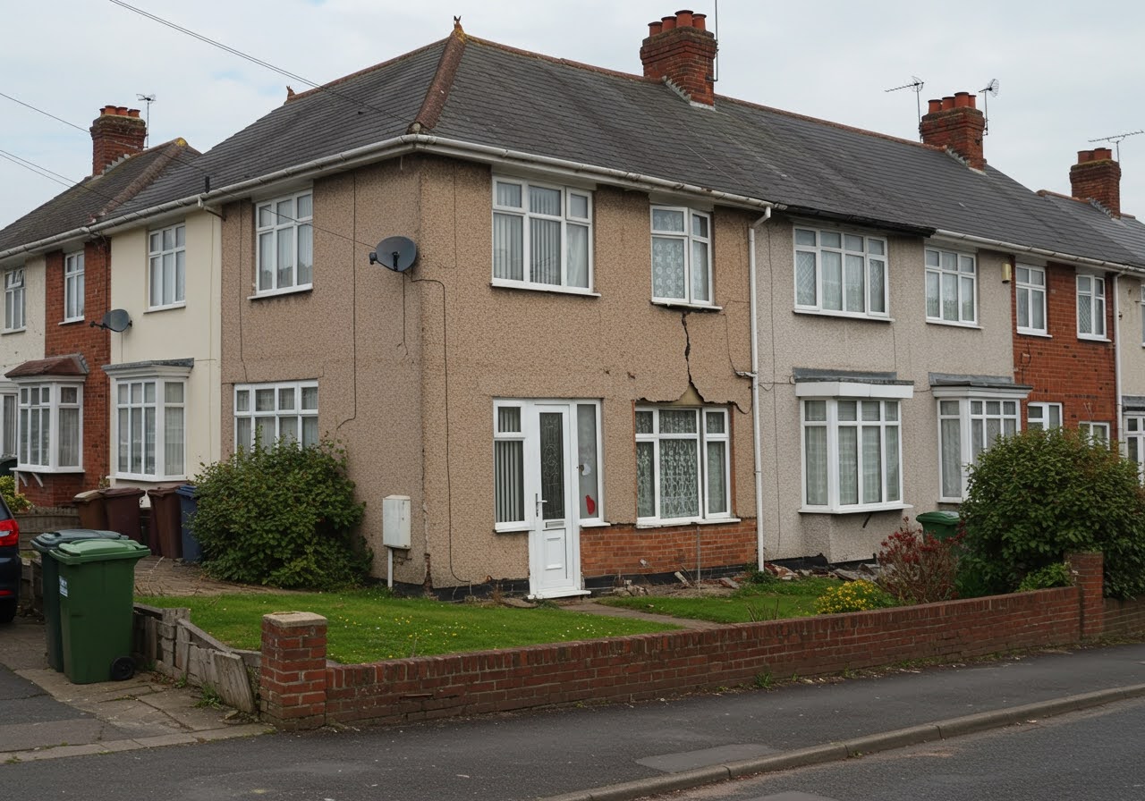 A house on a British street on a cloudy day with subsidence.